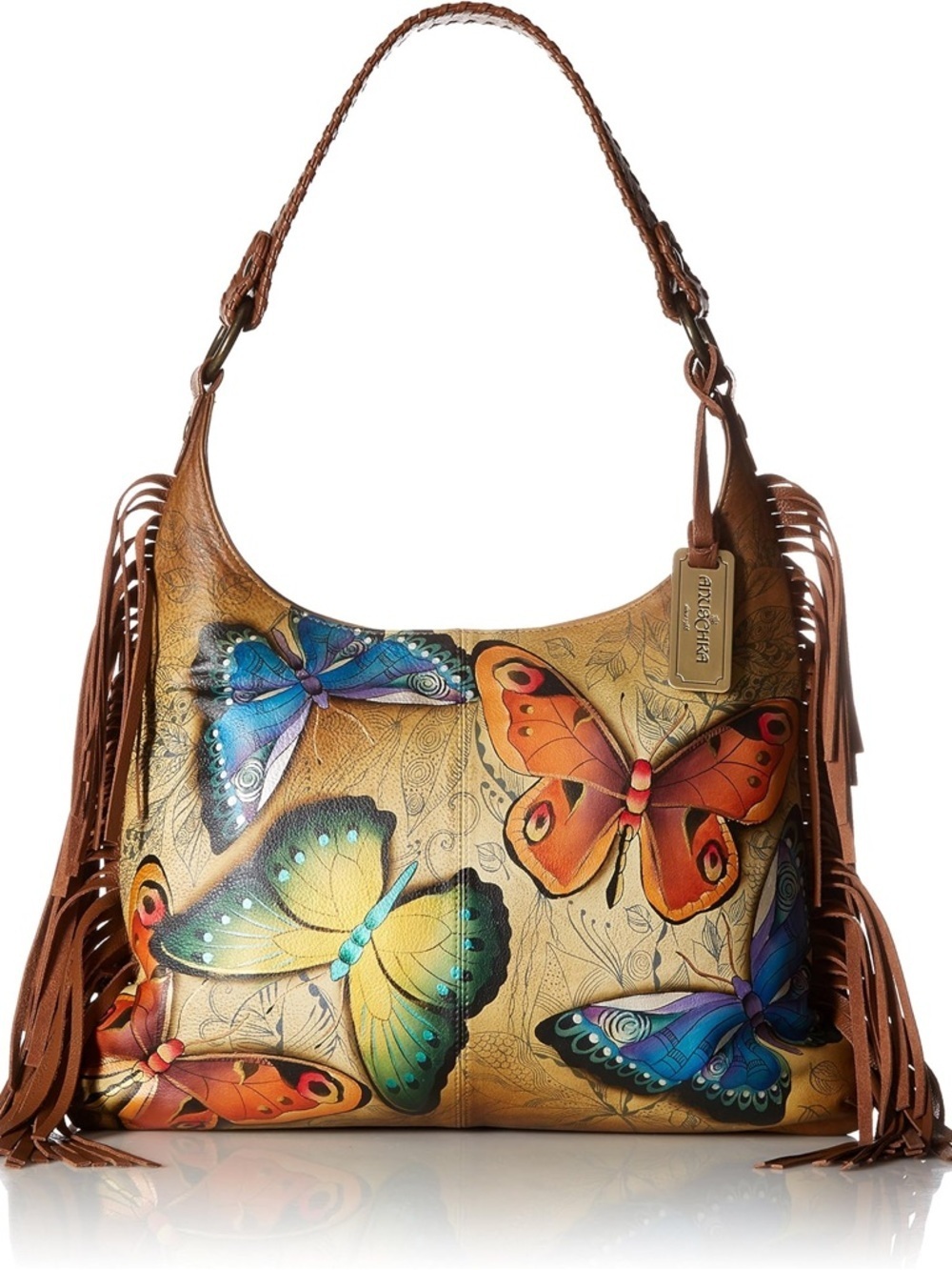 Anuschka Hand Painted Fringe Shoulder Hobo bag Butterfly Blooms